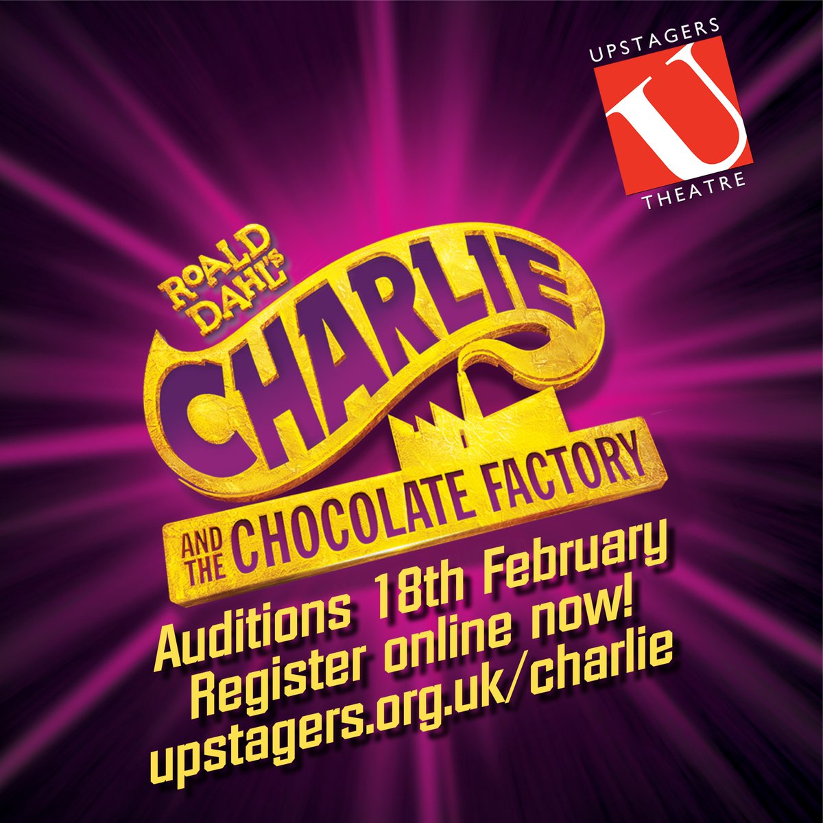 🍫🎭✨ Audition alert! 🌟🎶 <a href="/Upstagers/">Upstagers</a> invites YOU to audition for Roald Dahl's "Charlie and the Chocolate Factory"! 🍭🎟️
📆 Auditions: Feb 18, 2024 
🏰 Show Dates: July 10-13, 2024 
📍 Ilkley's King's Hall
Register online: upstagers.org.uk/charlie 🌈🍫 #Ilkley #Theatre