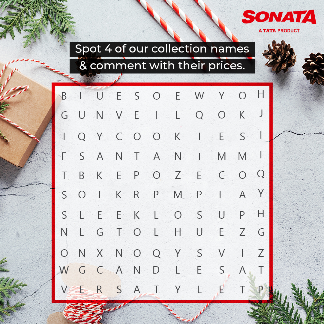 #Contestalert
Spot 4 Sonata Collections in this crossword? The right answers will win a Santa Surprise!🎁🔥

1️⃣Guess the collection names in the comments with their prices⌚️
2️⃣Follow <a href="/sonataindia/">女s</a>
3️⃣Tag 5 friends and ask them to participate😍
4️⃣Contest ends on 26th Dec🕐