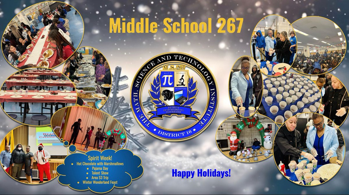 MiddleSchool267's tweet photo. Happy Holidays ☃️from our #MS267 #family to yours! What an amazing #spiritweek! From celebrating our top readers to our amazing #hotcocoaday, #pajamaday, #talentshow, #Area53 #trip and our spectacular #Winterwonderland #feast, we made memories that will last forever! @d16leads https://t.co/rqJeOsQiuh