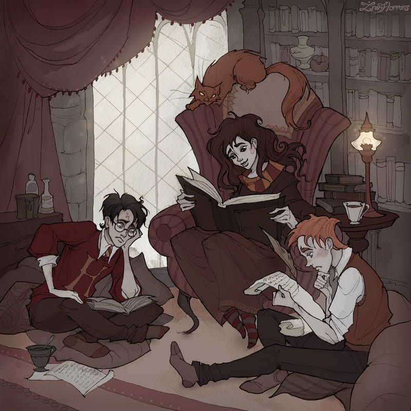 The Golden Trio studying in the Common Room as they should have been doing, instead of fighting Voldemort. Created by IrenHorros on DeviantArt. #PotterArt deviantart.com/irenhorrors/ar…