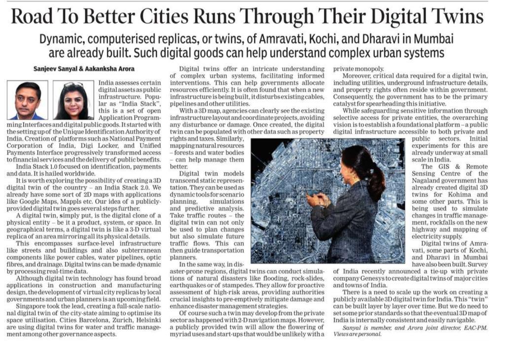 sanjeevsanyal's tweet photo. My article with @AakankshaArora5  in today's ToI on why India Stack 2.0 should be a "digital twin" of the country. There would be many spin-offs from infrastructure/urban planning to disaster management &amp; property rights. New uses &amp; start-ups could then be built on top of it. https://t.co/mKsgJrAJTR