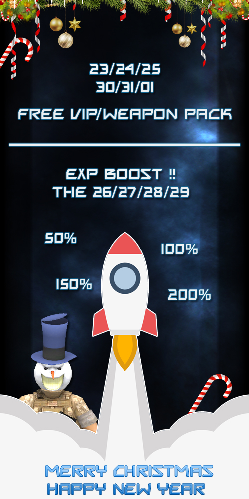 RushTeamEU's tweet photo. Hello Soldiers !
We will give you the VIP and Weapon Pack the 23/24/25 and the 30/31/01
You will also get EXP boost the 26/27/28/29 at 50/100/150/200%
#FPS #freegame #fpsbrowsergame #shooter #rushteam #gaming #gamingstyle #gameplay #indiegamedev #gamedev #indiegaming #Christmas https://t.co/lY9C39zN91