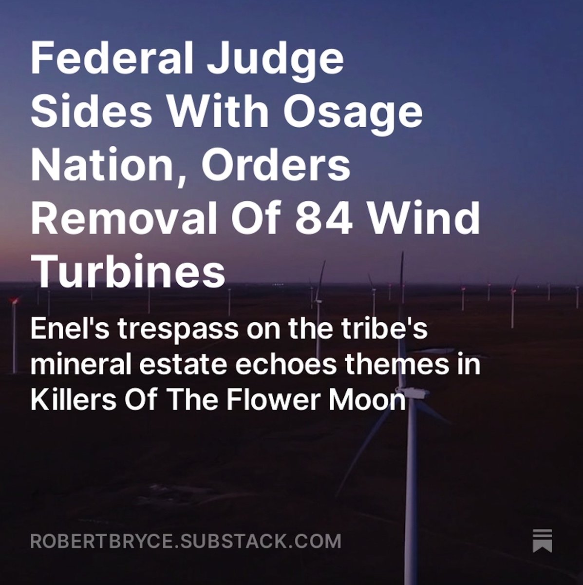 pwrhungry's tweet image. A HUGE win for the Osage tribe &amp;amp;  a massive loss for Big Wind. On Wednesday, a federal judge ordered the removal of a 150MW wind project in Osage Cty.
@EnelGroup's violation of the tribe's mineral rights means it will have to pay $300M to take the turbines down. 
My latest: