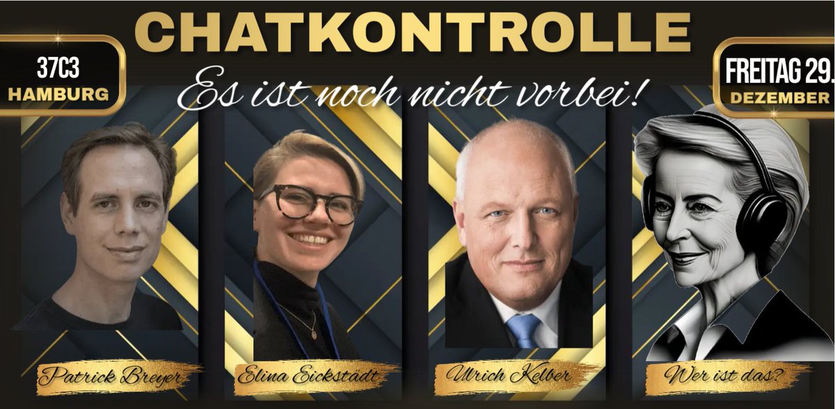 #Chatkontrolle - es ist noch nicht vorbei! Am 29.12. um 19:15 Uhr blicken @khaleesicodes (CCC), der Bundesdatenschutzbeauftragte &amp; ich beim #37c3 hinter die Kulissen des vorerst erfolgreichen Kampfes um #digitalesBriefgeheimnis &amp; sichere #Verschlüsselung 

events.ccc.de/congress/2023/…