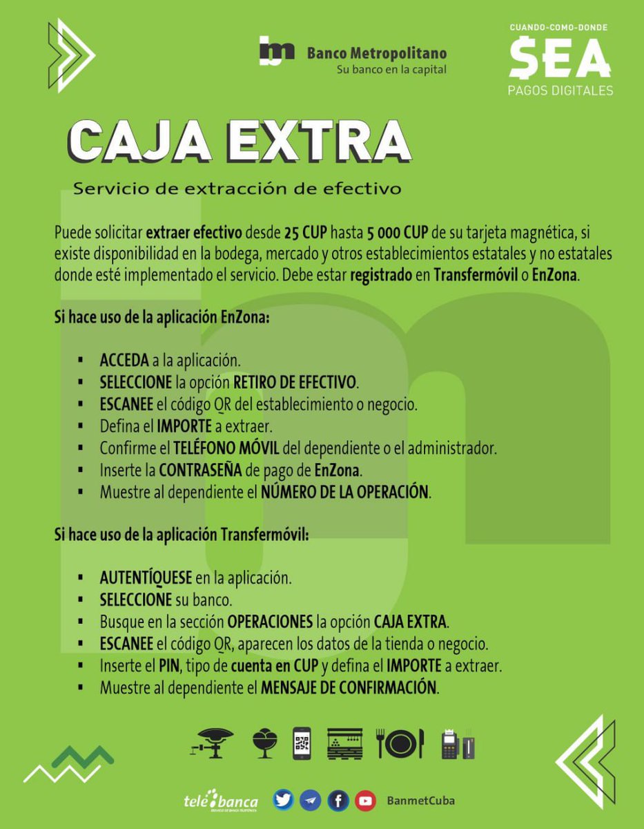 En los días feriados y de receso laboral en que las instituciones bancarias no prestan servicios al público, usted puede acudir a las entidades que si laboran y ofrecen el servicio de #CajaExtra. Además puede hacer uso de los cajeros automáticos y TPV (pos).
#ComercioElectrónico