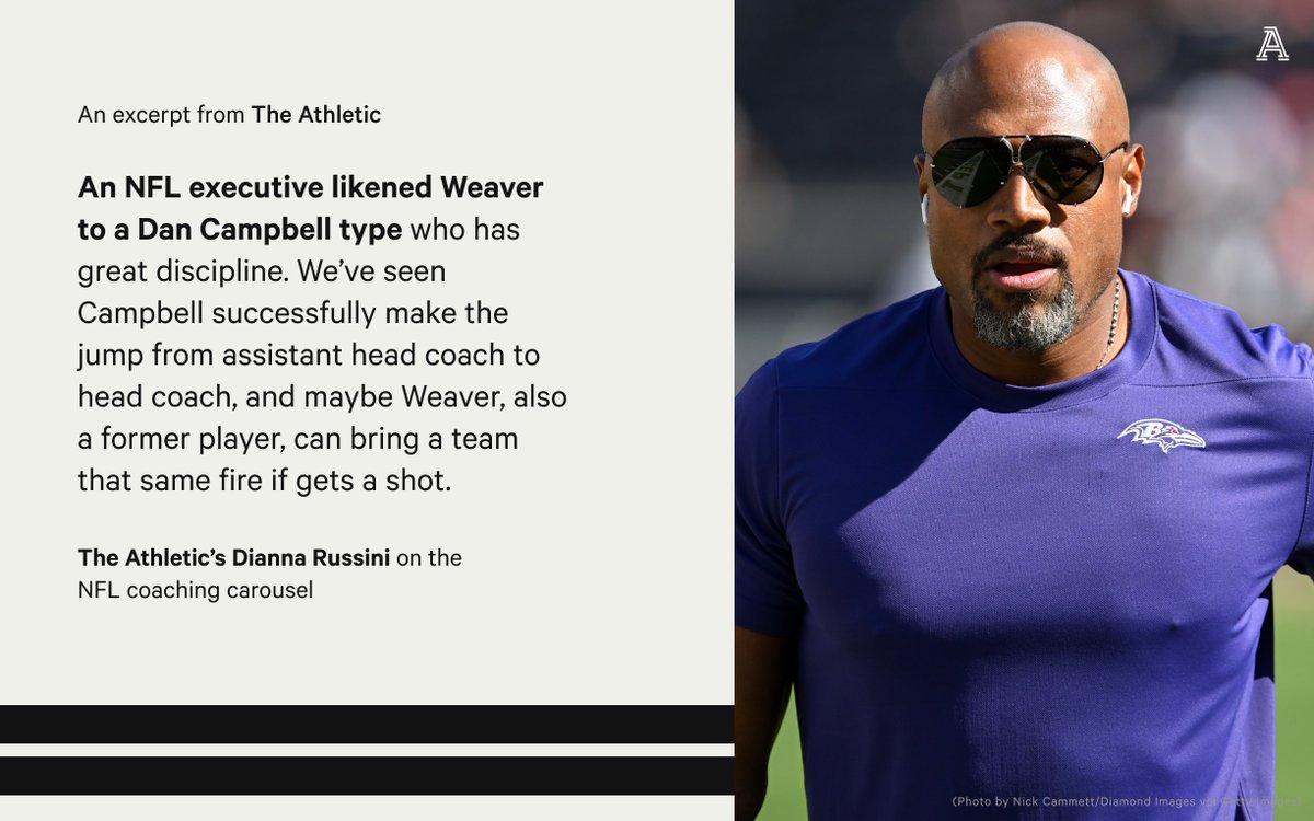 As NFL owners continue the search for a coach, a name that has come up in conversations around the league is Ravens assistant head coach and defensive line coach Anthony Weaver.

<a href="/DMRussini/">Dianna Russini</a> shares what she's hearing on the NFL coaching carousel ⤵️
theathletic.com/5158254/2023/1…