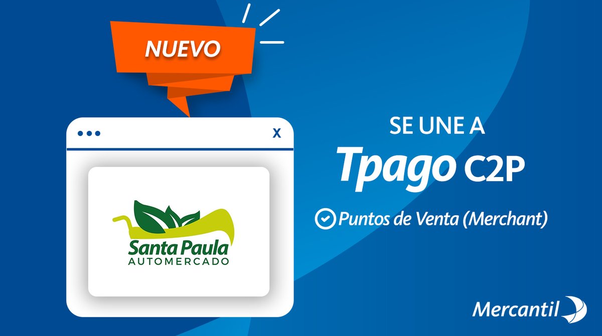 MercantilBanco's tweet photo. @automercadosantapaula forma parte de los comercios afiliados Tpago C2P ¡Bienvenido!
Paga tus compras al mayor y detal , a través su caja registradora.
Solo debes solicitar tu clave de pago y suministrarla al momento de procesar la operación
#Mercantil #Tpago #Automercado https://t.co/9Jf5Jkie0r