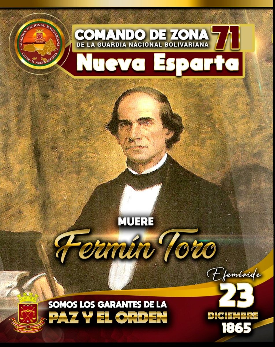 Fermín Toro muere en Caracas el #23diciembre de 1865, sus restos reposan en el panteón Nacional desde el 23 de abril de 1876.