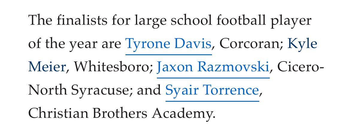 I am thankful to be selected to the First Team All CNY, and a finalist for Large School Football Player of the Year! Thank you to all my teammates and coaches who have gotten me to this point! <a href="/KlineCoach/">D Kline</a> <a href="/CNSAthletics/">CNS Northstars</a>