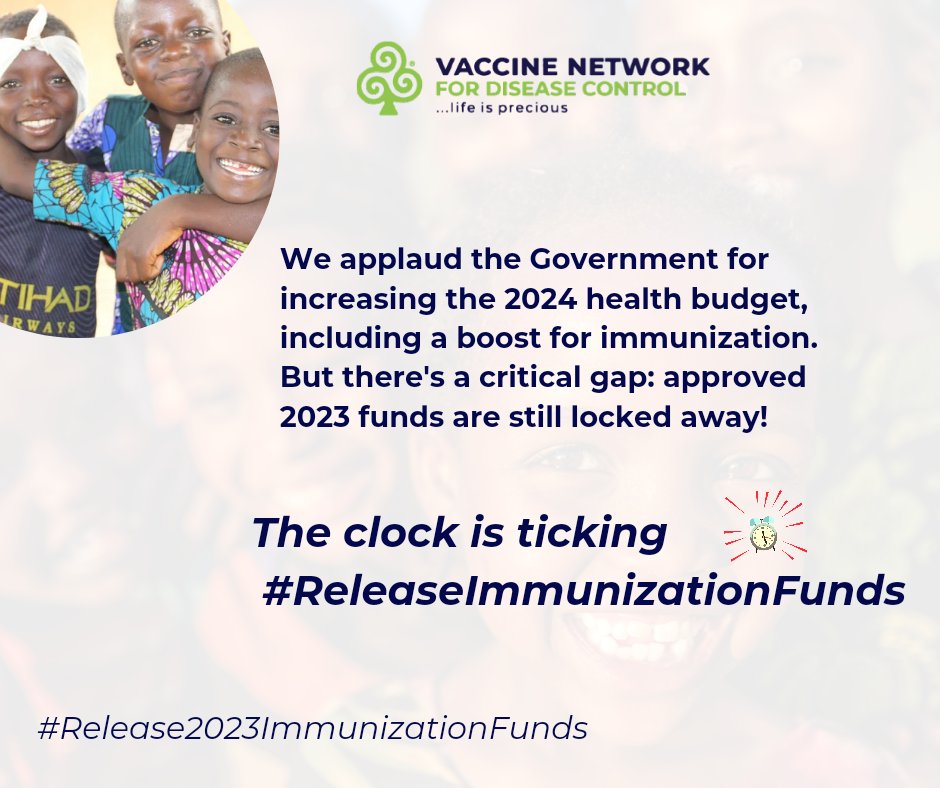 VaccineNet_NG's tweet photo. We applaud @NigeriaGov for increasing the 2024 health budget, including a boost for immunization. But approved 2023 immunization funds are still locked away. 

The clock is ticking #Release2023VaccineFunds! @AgfMadein
@HarryBanigo
@Fmohnigeria
@FinMinNigeria
@NphcdaNG
@NGRPresident
@NigeriaGov
@Nassnigeria
@IncubatorGHAI
@DrSalmaAnas