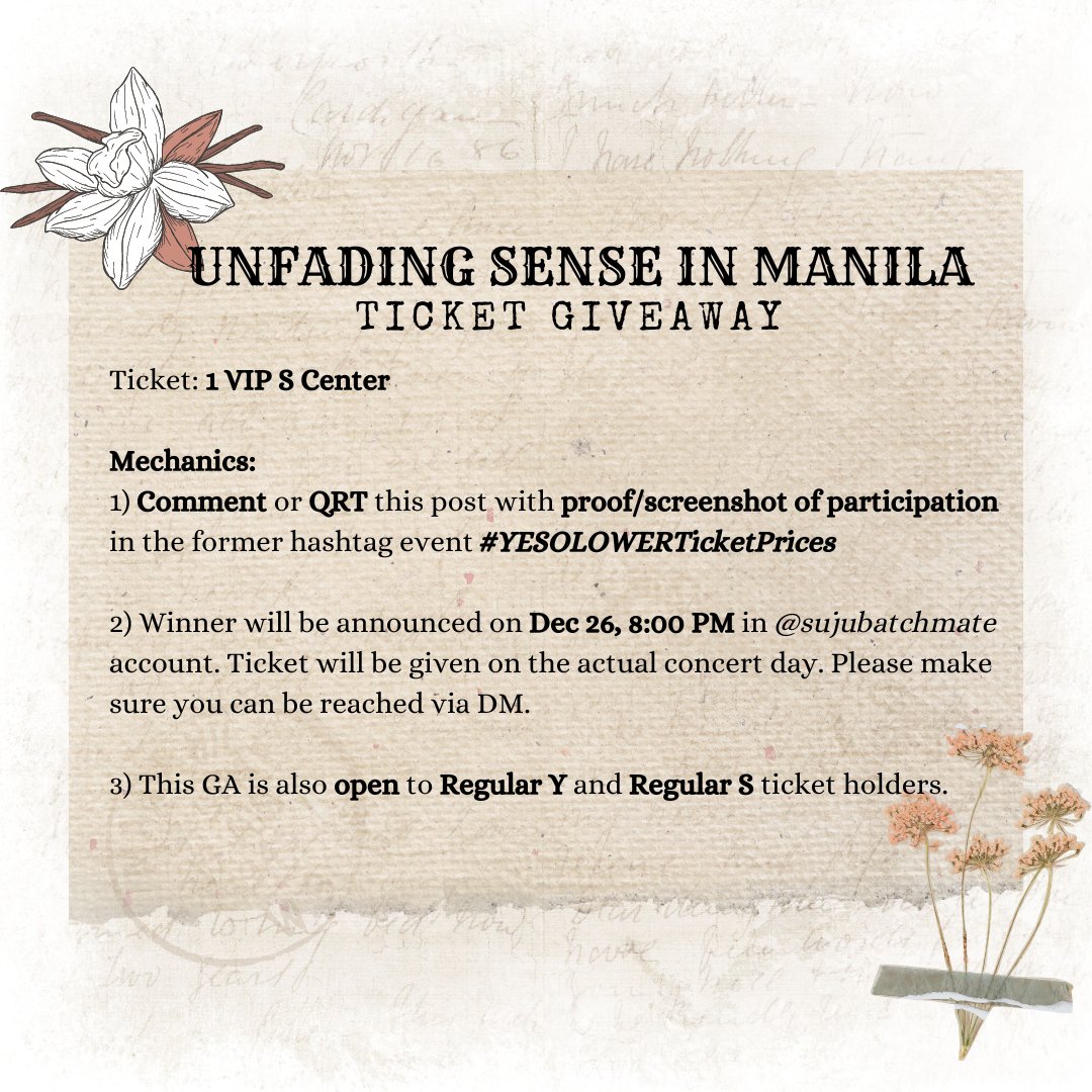 [Please help RT to reach out Filo ELFs/Clouds]
💐 UNFADING SENSE IN MANILA TICKET GA 💐

Hello, Filo ELFs/Clouds! 🇵🇭🎄
Here's a chance to watch Yesung sing live in Manila, this coming Jan 6, 2024 in New Frontier Theatre. Mechanics below. ☺️
#UnfadingSenseInManila #YESUNGinMANILA