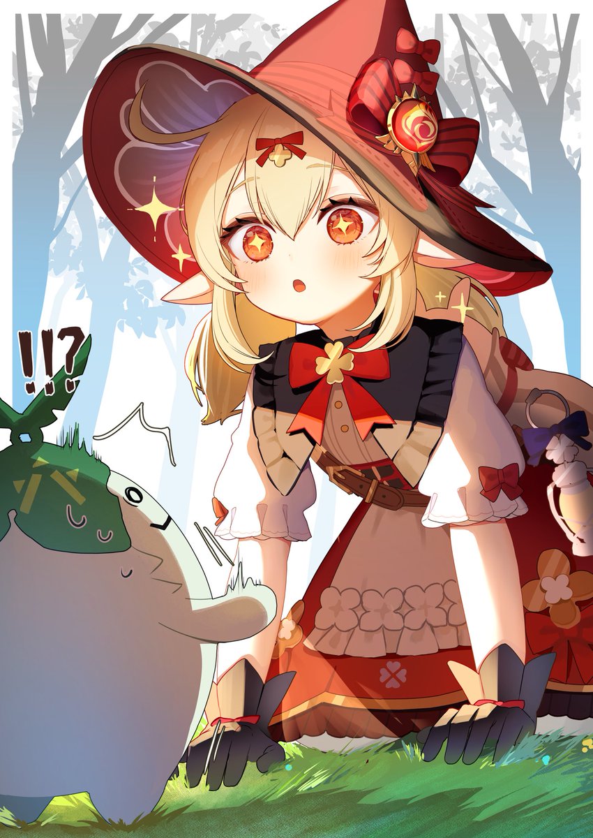 klee (genshin impact) 1girl hat gloves !? witch hat pointy ears blonde hair  illustration images