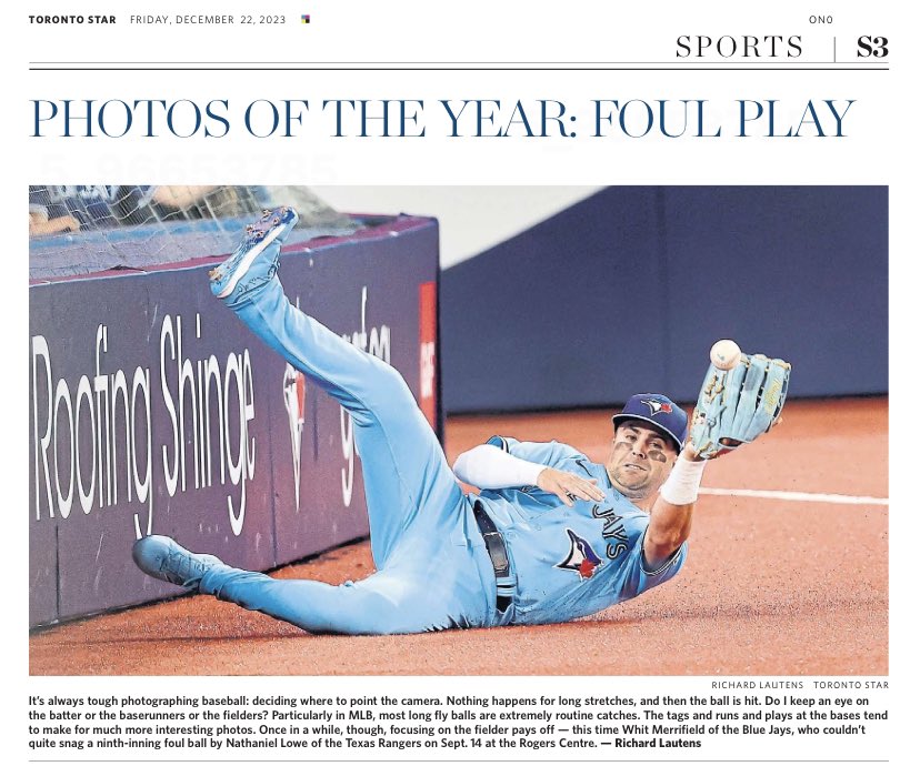 Our @StarSports photos of the year in review for today! @rlautens photo of Whit Merrifield almost making a huge catch on foul territory. #bluejays #yearinphotos #BestOf2023