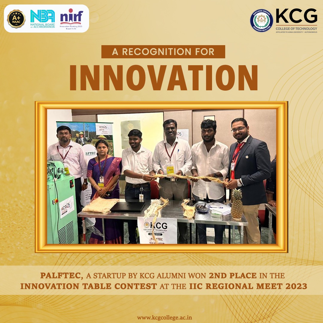 KCGtechnology's tweet photo. We are proud to announce that Palftec, an Agritech start-up by KCG Alumni has won second place in the Innovation Table Contest at the IIC Regional Meet 2023.
#KCGCollege #proudmoment #alumni #alumniachievement #innovationaward #ministryofeducation
@mhrd_innovation @AICTE_INDIA https://t.co/UtI0lk8WH8