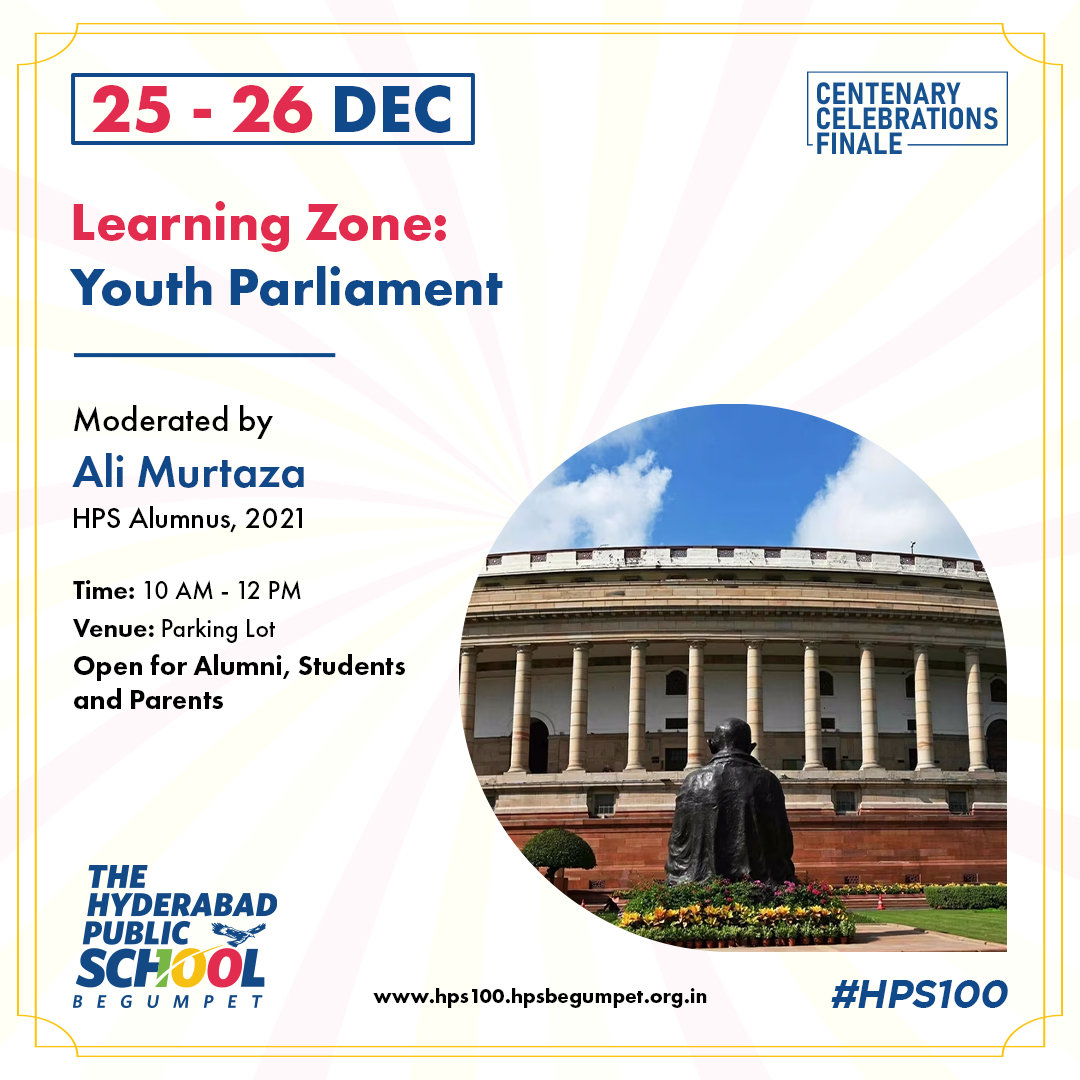 HpsBegumpet's tweet photo. Join our Centenary Youth Parliament on Dec 25-26 at the Learning Zone. Discuss women's electoral participation, the Uniform Civil Code, and gender-neutral laws. Debates from 10 am to 12 pm at HPS Begumpet Parking Lot. Open to Alumni, Staff & Parents. Don't miss out!
#HPSB https://t.co/Jj31kThJ9n