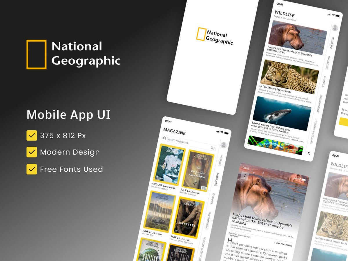 uibundlecom's tweet image. 🌏 Dive into the world of exploration with the National Geography Mobile App UI/UX concept! Includes a captivating Splash screen, intuitive Home screen, and sleek Magazine screen design.
📱 uibundle.com/products/1576-… 
.
#AppDesign #NationalGeographic #MobileUIKit #UIDesign