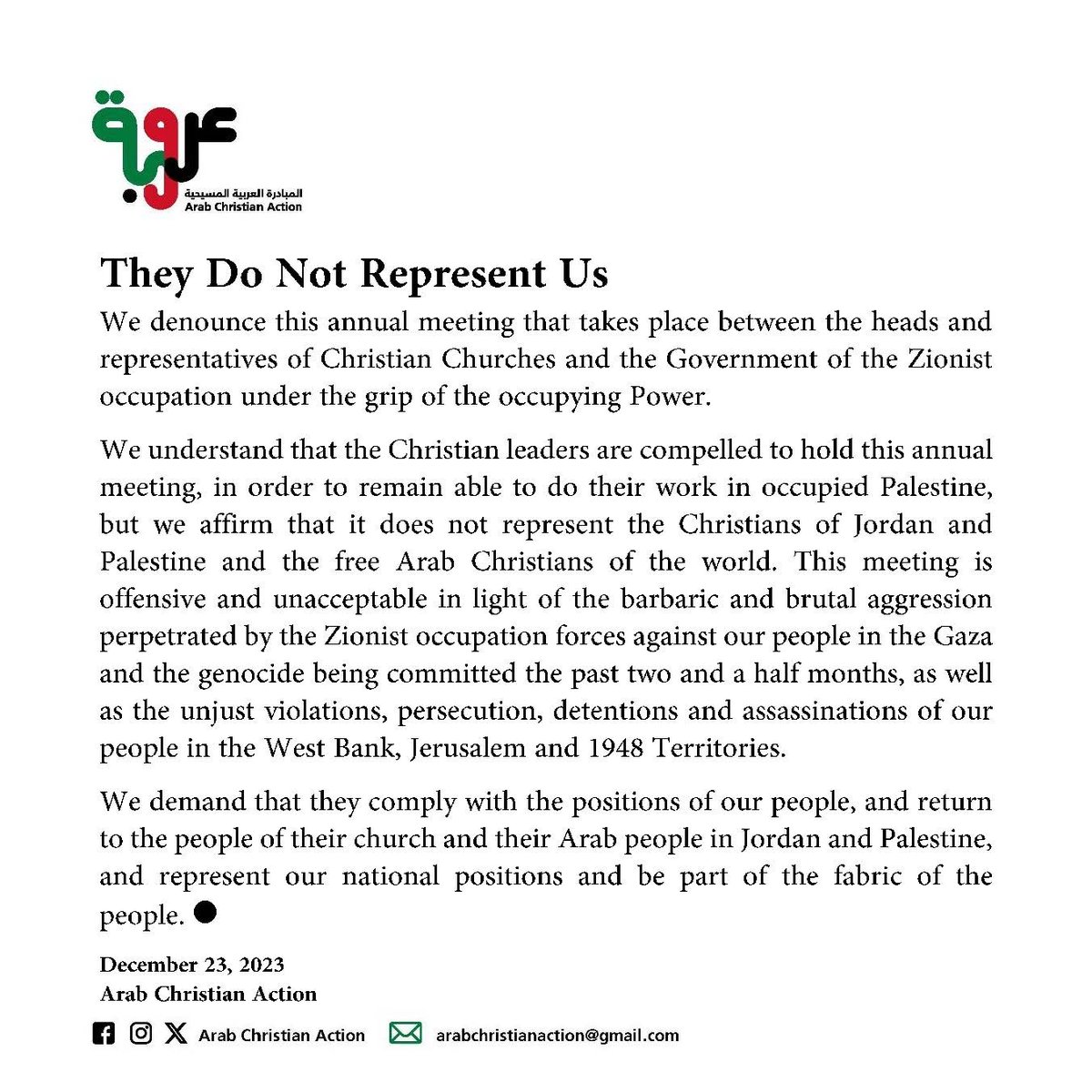 Arabchrisaction's tweet photo. لا يمثّلونا
They Do Not Represent Us

Amman, Dec 23, 2023
Arab Christian Action - المبادرة العربية المسيحية

المزيد في رابط الفيسبوك
More on Facebook link
https://t.co/HMCxjMXV7f
#عروبة #المبادرة_العربية_المسيحية #الاردن #arab_christian_action #arab https://t.co/M4NoDATdQR