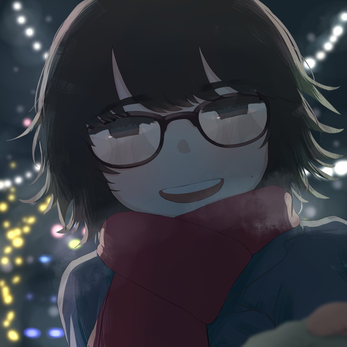 1girl glasses solo scarf mole black hair looking at viewer  illustration images