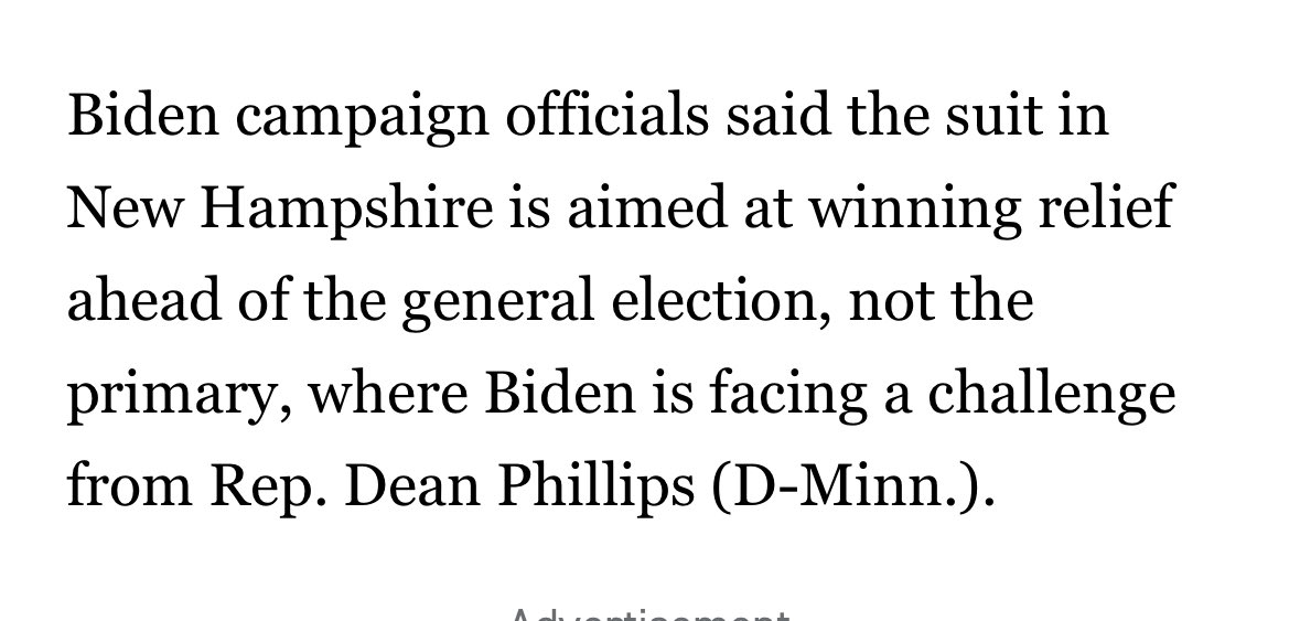 marwilliamson's tweet image. Although Phillips and I are tied in NH and I lead by 8 points in the latest poll nationally, President Biden‘s only opponent mentioned in this POLITICO article is Dean Phillips.🤥