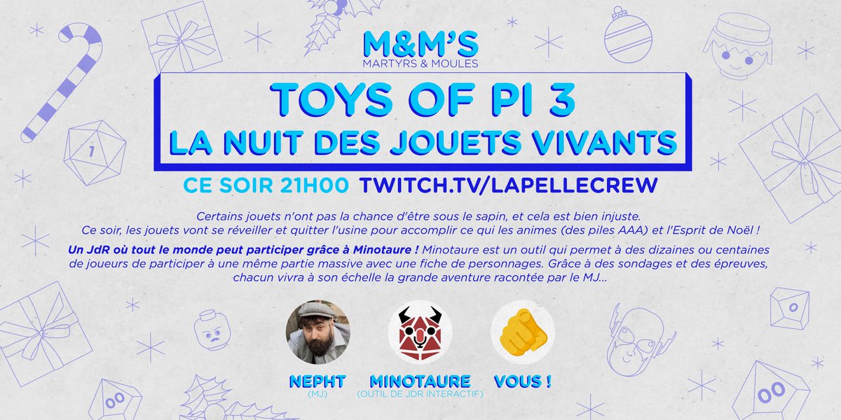 🎄Ce soir l'équipe du Discord clôture l'événement de Noël avec un dernier scénario auquel vous pourrez tous jouer !

En effet, le JdR sera en collaboration avec  <a href="/LaPelleCrew/">La Pelle</a> et de l'outil de jeu <a href="/minotau_re/">Minotaure</a>.

RDV ce soir sur leur chaine Twitch :
➡️ twitch.tv/lapellecrew