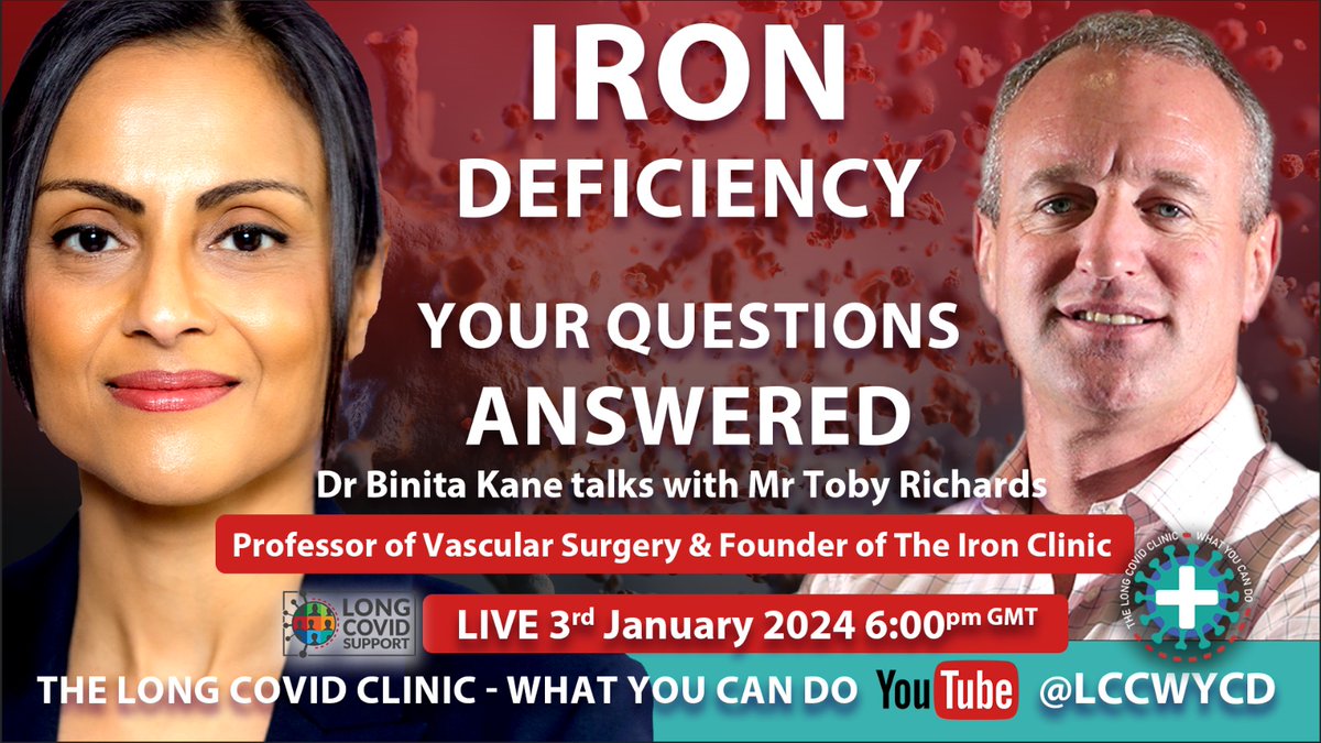 Long Covid Support ๐ (@long_covid) on Twitter photo Save the date!
3rd Jan 2024 at 6pm GMT
<a href="/BinitaKane/">Binita Kane</a> speaks to @TobyRichardsUCL founder of the Iron Clinic to discuss a much neglected area in mainstream medicine. Tune in to understand the role of iron in health, interpreting ferritin levels, and when & how to treat. Save the date!
3rd Jan 2024 at 6pm GMT
<a href="/BinitaKane/">Binita Kane</a> speaks to @TobyRichardsUCL founder of the Iron Clinic to discuss a much neglected area in mainstream medicine. Tune in to understand the role of iron in health, interpreting ferritin levels, and when & how to treat.