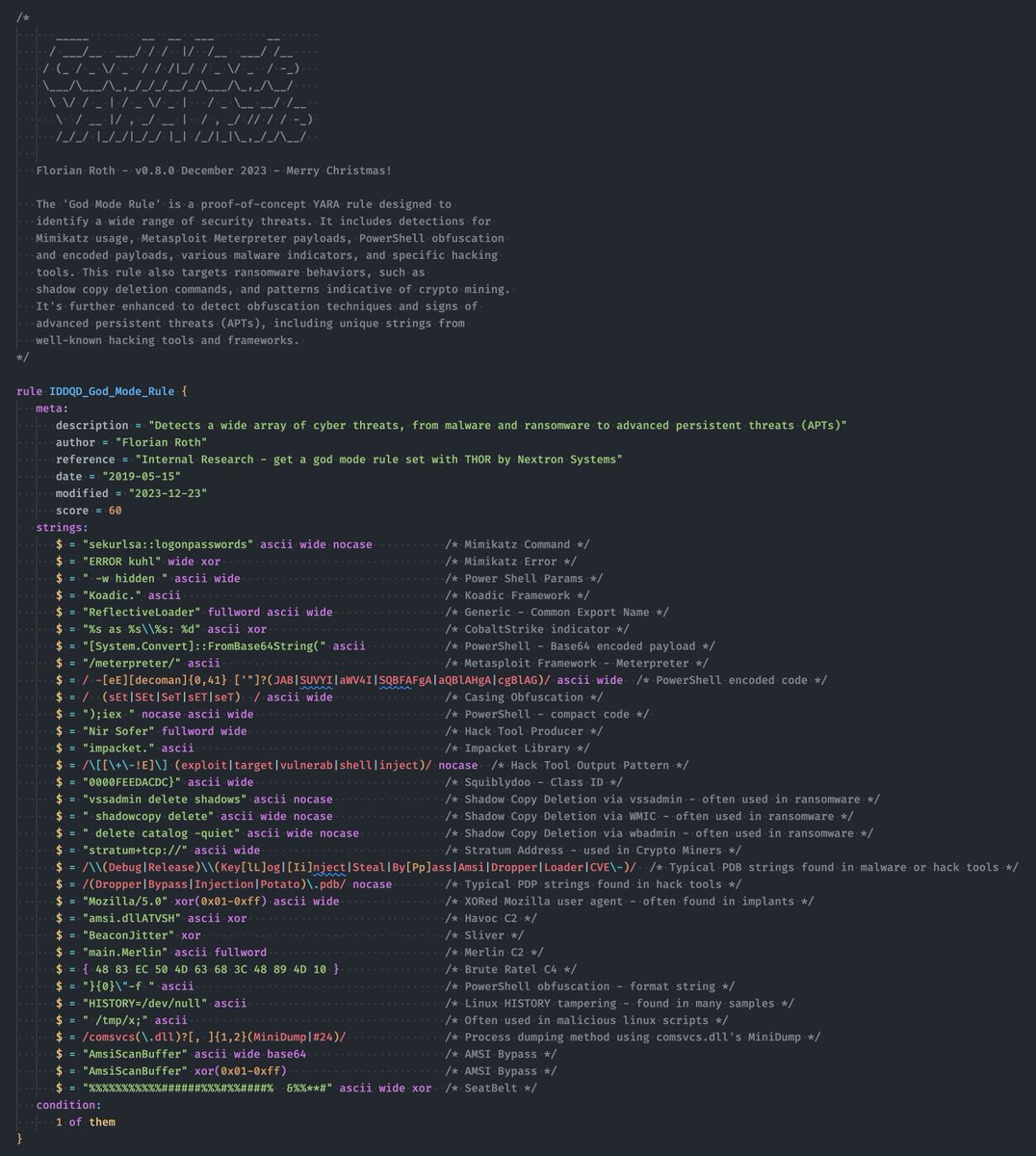 I have a special Christmas present for you guys 🎁 I took the time this morning & completely reworked my 'God Mode YARA Rule' It's a PoC aimed at crafting a single rule that covers a vast array of threats with minimal FPs Merry Christmas to you all 🎄 github.com/Neo23x0/god-mo…