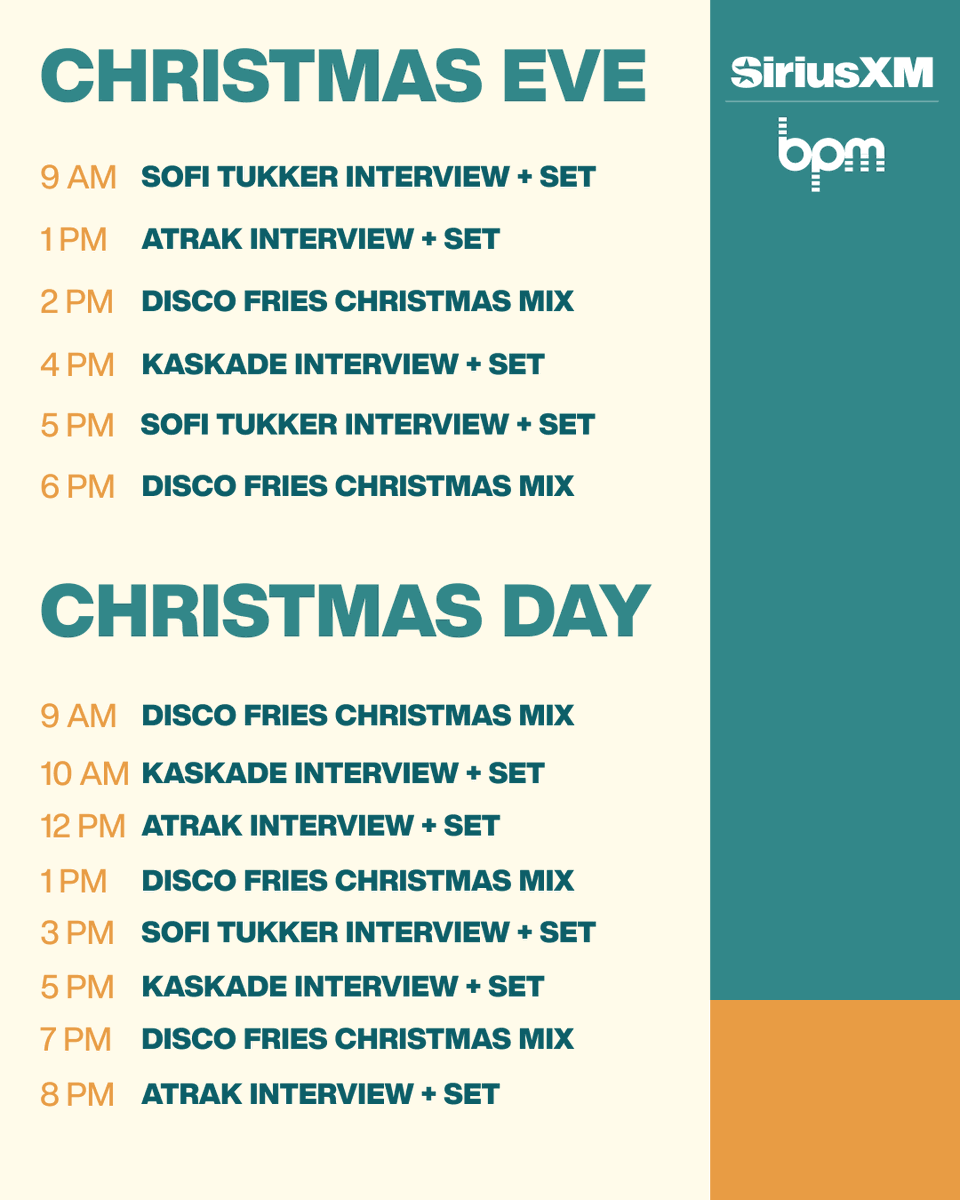 Hear sets and interviews from @sofitukker, @atrak, and @kaskade this weekend PLUS a special @TheDiscoFries Christmas set! Listen on BPM: sxm.app.link/BPMChristmas