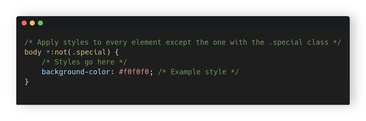 geezy_tim's tweet image. Did you know you can use `:not()` pseudo-class to apply styles to everything but the specified element? Super handy for bulk styling while excluding that special one! 🎨✨ #CSSTips #WebDev #CodingHacks #FrontendMagic
