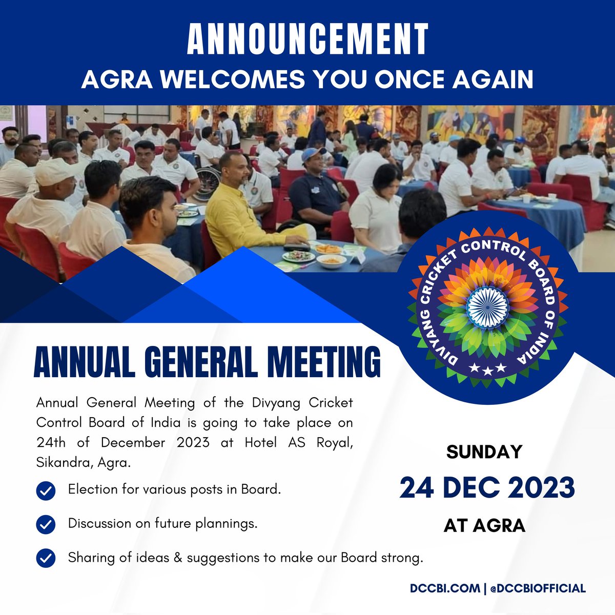 Annual General Meeting of the Divyang Cricket Control Board of India is going to take place on 24th of December 2023 at Hotel AS Royal, Sikandra, Agra. #AGM2023 . #DCCBI #wheelchaircricket #divyangcricket #divyangjancricket #DisabilityCricket #DivyangWomenCricket #agm