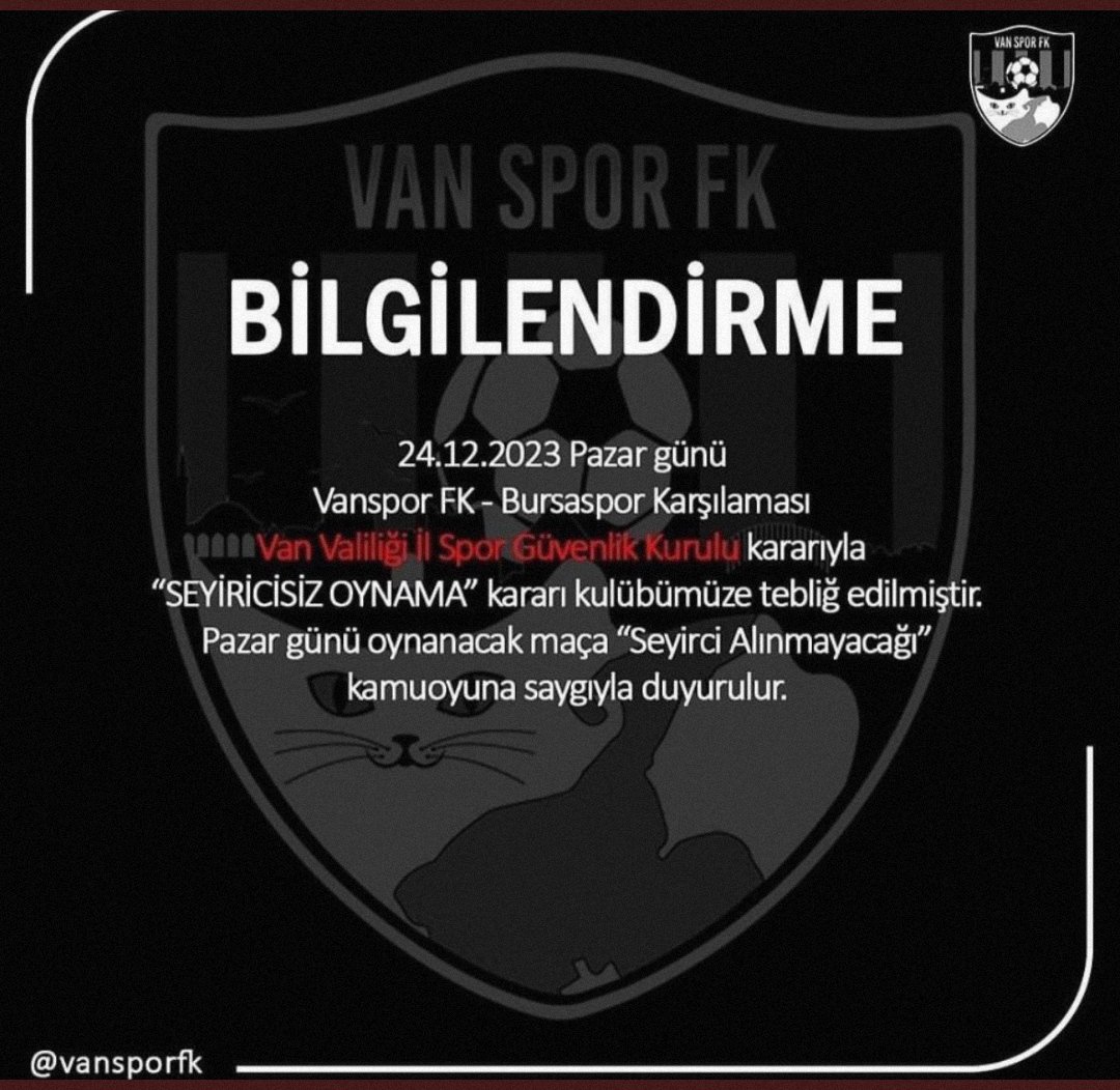 Vanspor-Bursaspor maçına seyirci alınmayacağı konusu tekrar gözden geçirilmelidir. Taraftarımız, misafirperverliğini her zaman göstermiş, hiç bir zaman taşkınlıkların adresi olmamıştır. Bu karar, Van Halkı ve tüm spor camiası için unutulmayacak üzücü bir karar olmuştur. <a href="/TFF_Org/">TFF</a>
