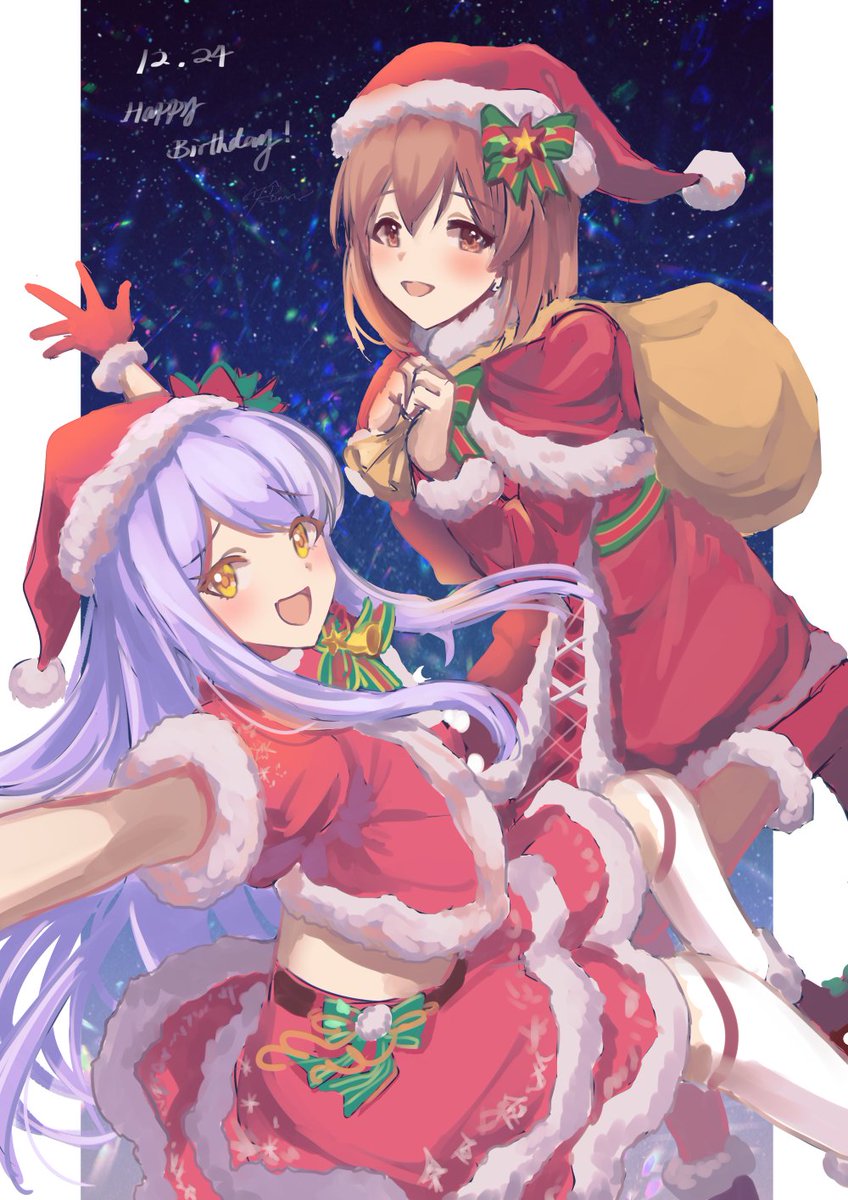 hagiwara yukiho multiple girls 2girls santa hat hat red gloves christmas fur-trimmed skirt  illustration images