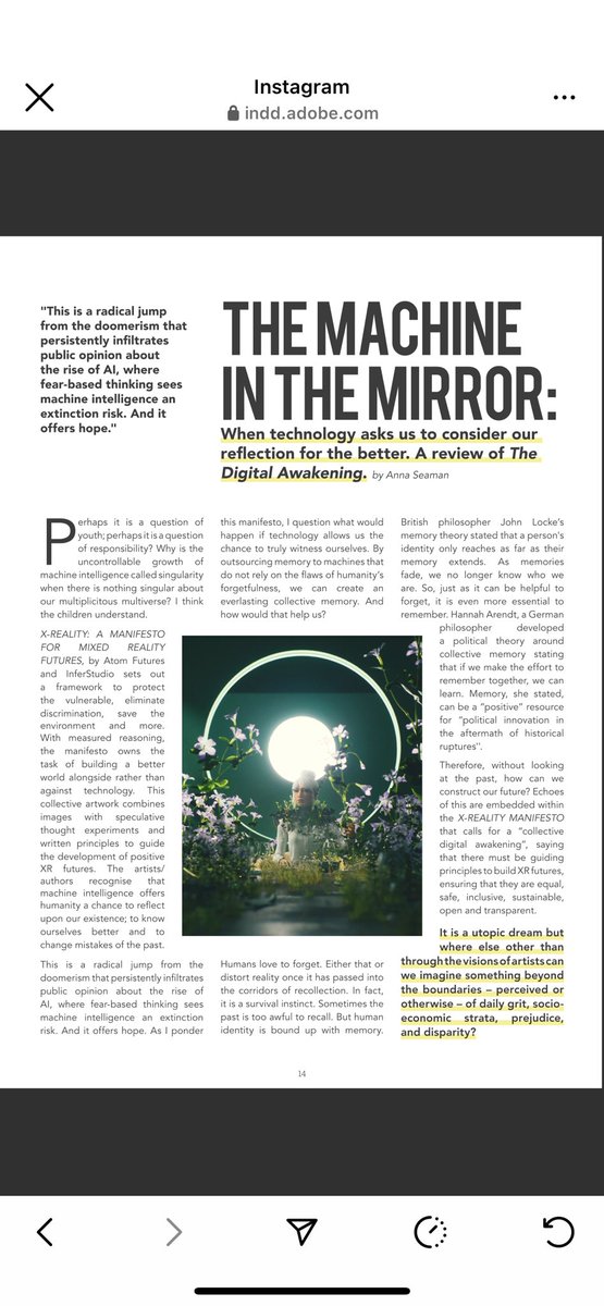 I wrote an essay for the Future Art Writers Prize 2023 and was accepted as a winner for <a href="/MOZAIK2020/">MOZAIK Philanthropy</a> ezine The Digital Awakening. The piece investigates how AI and an XR future can help us to reflect on our humanity, and proposes a hopeful outcome