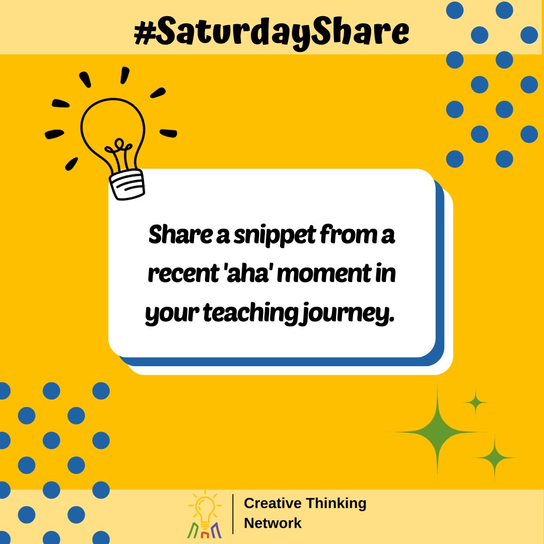 This #SaturdayShare, share a snippet from a recent 'aha' moment in your teaching journey. Inspire others with your revelations.

#TeacherInsights #LightbulbMoments #TeachingJourney #EducatorInspiration #AhaMoment #TeacherDiscovery #InspireEducators #ReflectAndShare