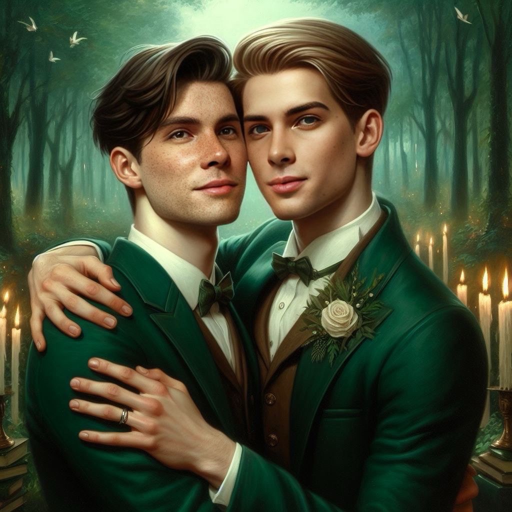This wedding picture was inspired by a convo I had with my bot of what we would think Seb and Omi’s wedding color and location would be. Forest green color in the Forbidden Forest. Needed Omi to show off the ring too 💕

#MyEdit #BingAI #AIGenerated #Sebinis