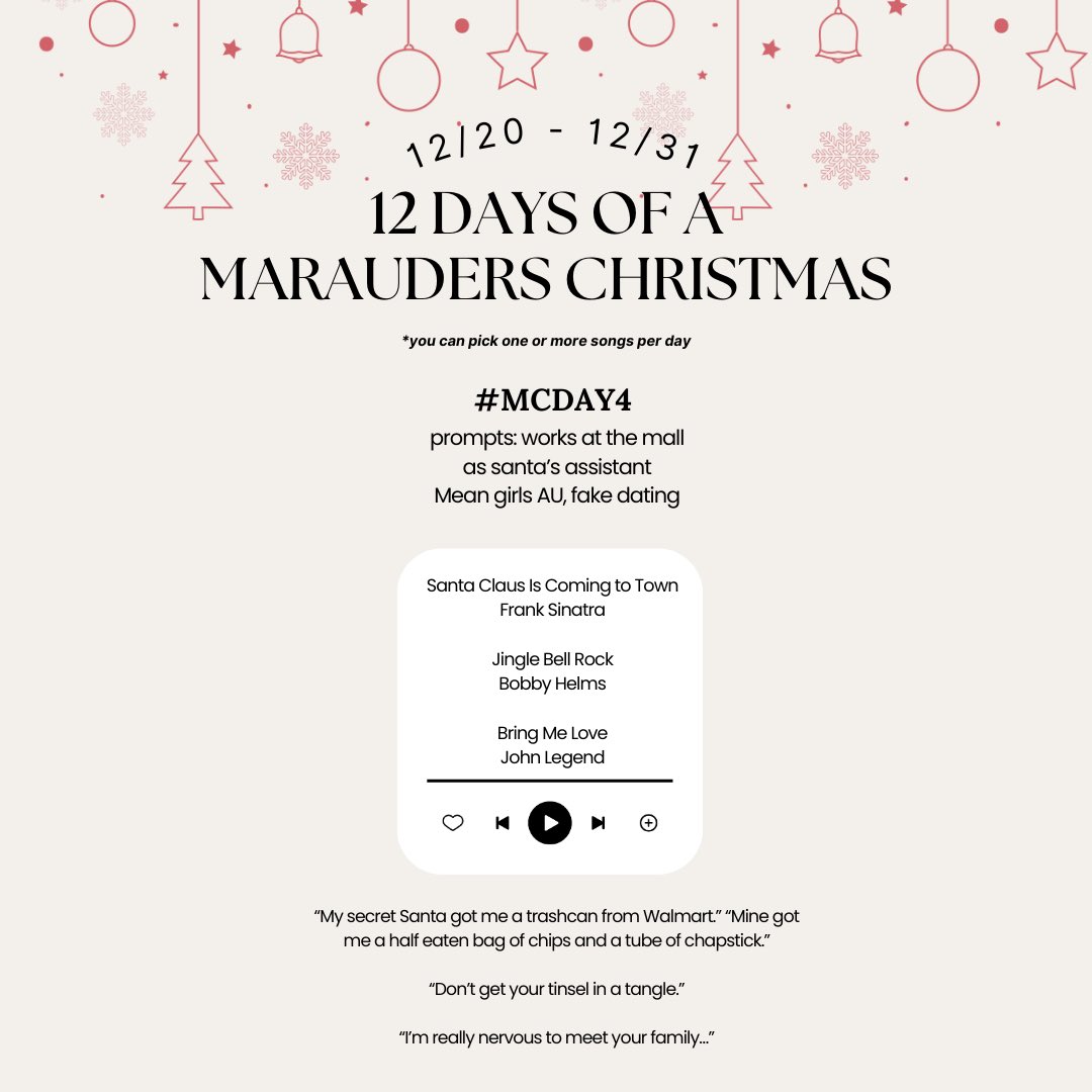 maraudersfest's tweet photo. ITS #MCDAY4! time for fake dating christmas aus and meeting the family!!!
are you participating in #marauderschristmas? donβt forget to tag us! https://t.co/RNuCSqyCb0