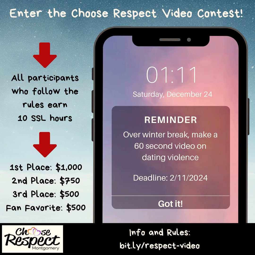 It's winter break! Use the extra time to enter the Choose Respect Video Contest! bit.ly/respect-video <a href="/MCPS/">MCPS</a>