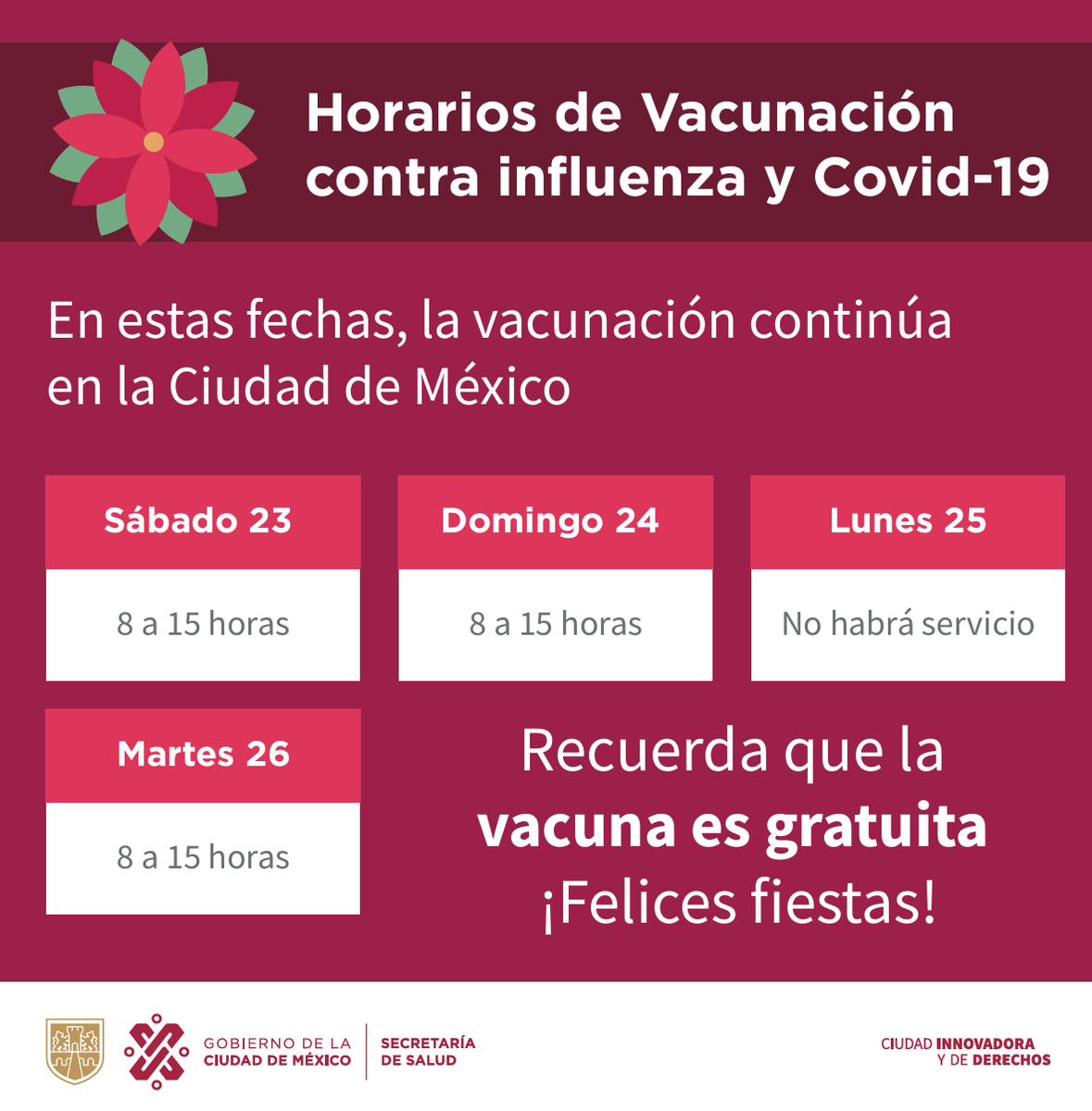 SSaludCdMx's tweet photo. #TomaNota de los horarios de vacunación contra #COVID19 e influenza en nuestros Centros de Salud para estas fechas decembrinas. 🎄🧑🏽‍🎄 https://t.co/HktS1BfnN5