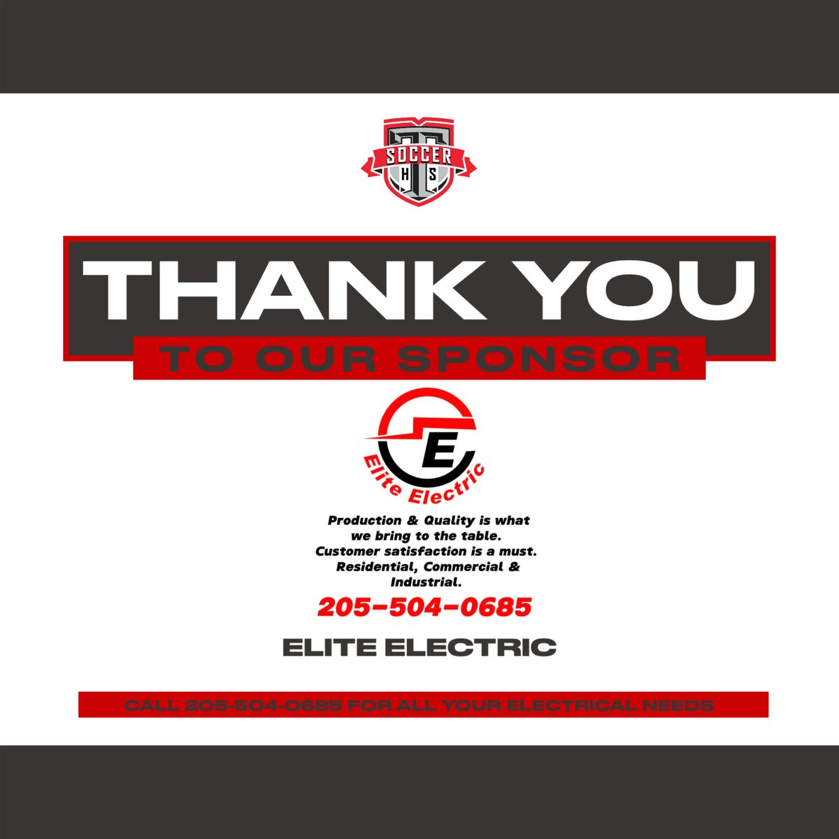We would like to welcome back Elite Electric as a Platinum Sponsor of the Thompson Soccer Program!  Please support our sponsors!