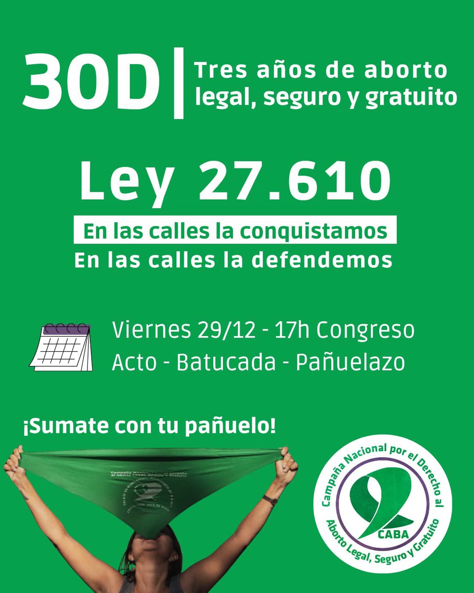 📣 30D - 3 años de aborto legal, seguro y gratuito
💚 Viernes 29 de diciembre salimos a las calles a reafirmarnos en la conquista de la Ley 27.610 de acceso a la Interrupción Voluntaria del Embarazo
📍Congreso de la Nación, 17h
💚 ¡Sumate con tu pañuelo!
#EsLey
#SeguimosEnCampaña