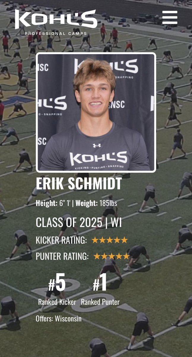 Unfortunately I couldn’t do FG or KO due to an injury, but I’m honored to remain the number one punter in the country after a great @KohlsKicking showcase. @Coach_Radke @HKA_Tanalski