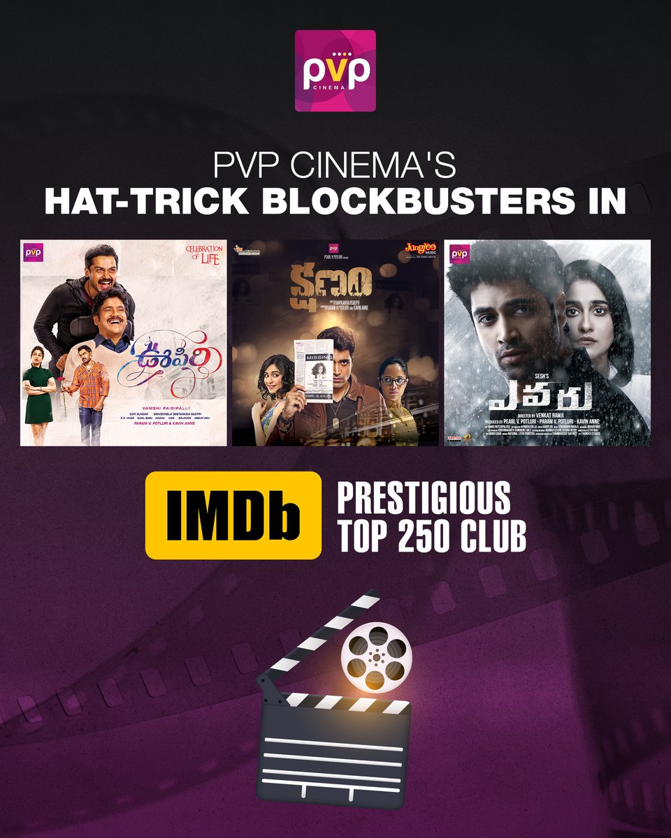 We are bursting with pride as #Kshanam #Oopiri & #Evaru make their mark on the @IMDb_in Top 250 Indian movies list 🌟 Honored and humbled by this cinematic accolade 🤩 #PVPCinema #IMDbTop250