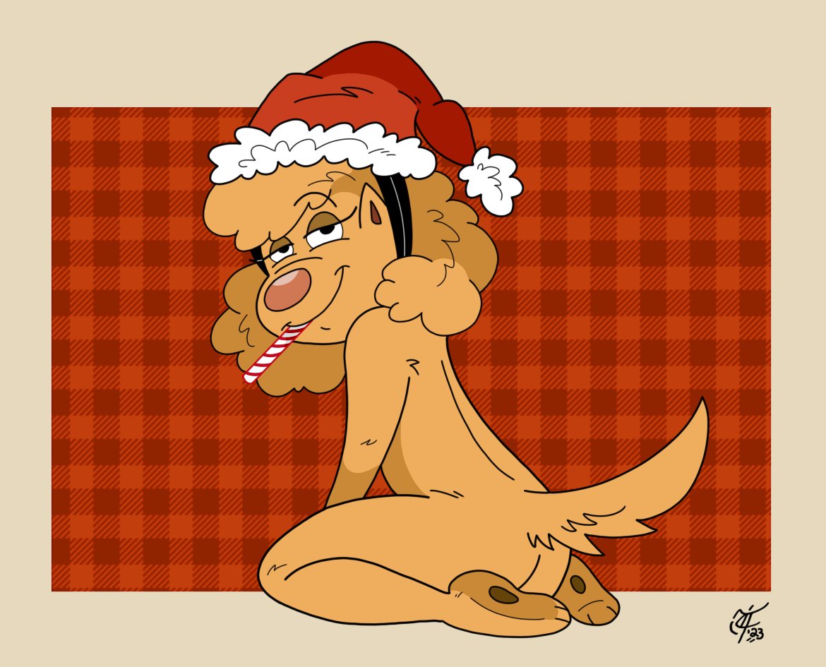 A Christmas-themed commission for @edtropolis - a festive pinup of his character, Shelly 🎄🐾🍬😉 #HappyDrawlidays2023 #Shelly #HappyMart #anthrodog #comehither #peppermintstick #santahat #flannel #christmasart #ocart #pinup #commissionart