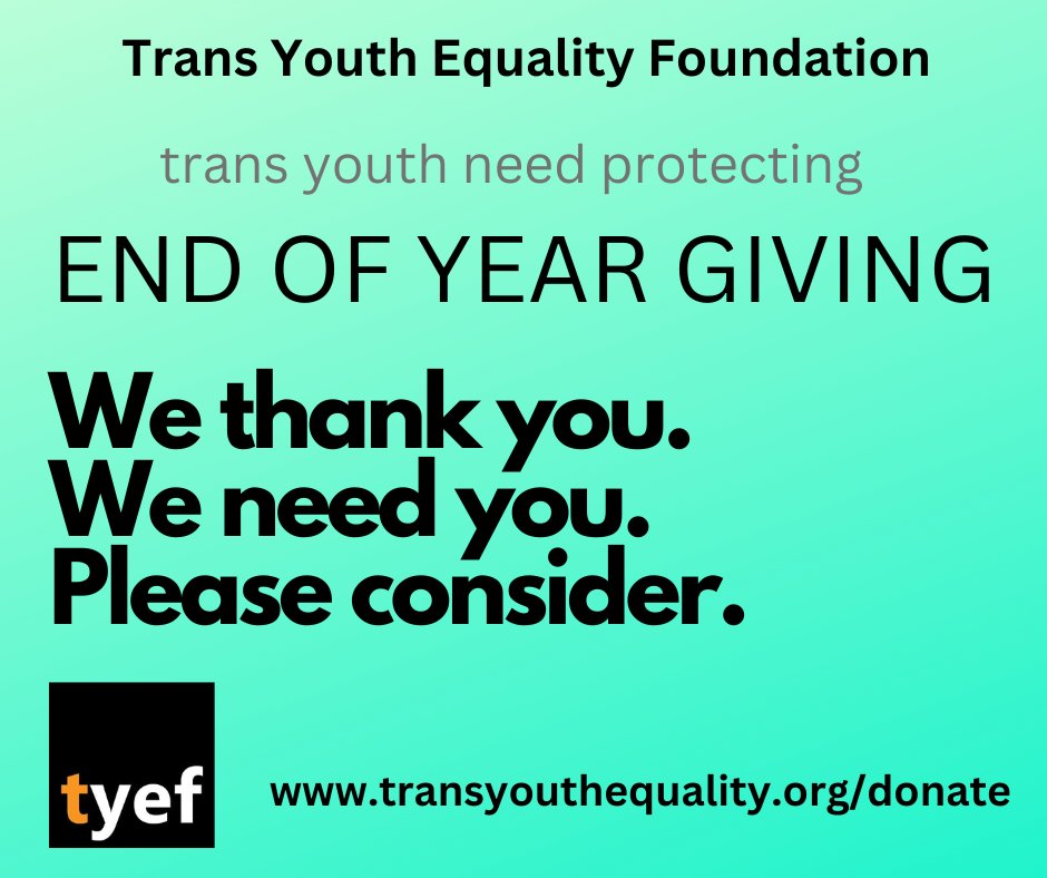 Your support is appreciated and needed. TYEF was EST. in 2007 and your donation is tax deductible. See our work at transyouthequality.org. Thank you.