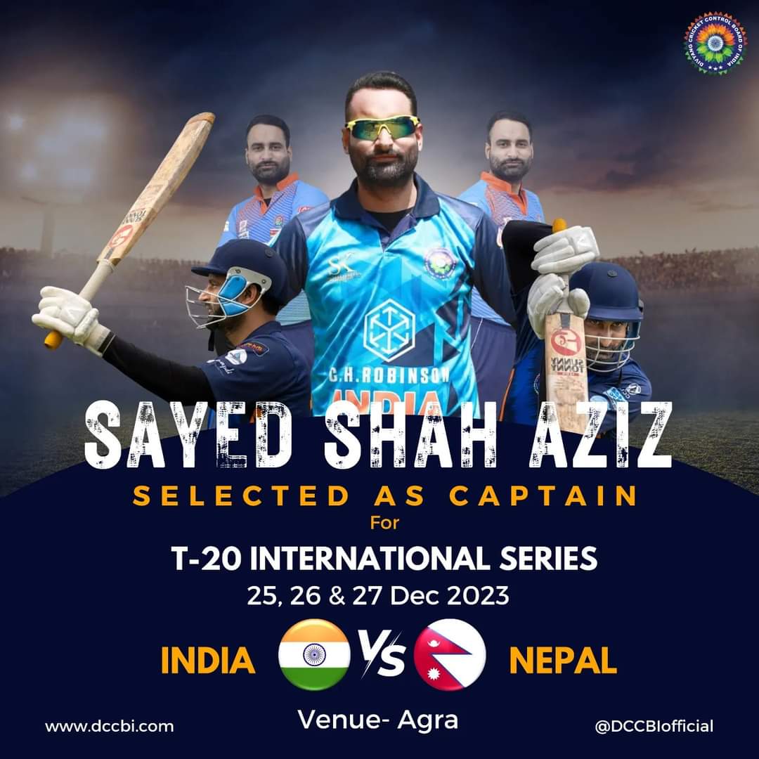Congratulations to Sayed Shah Aziz for being selected as Captain of team India for India vs Nepal 3 T-20 International Matches at Agra. @ershahaziz . #CelebratingInclusivity #IndiavsNepal #InclusiveCricket . #DCCBI #divyangcricket #divyangjancricket #disabilitycricket #Cricket