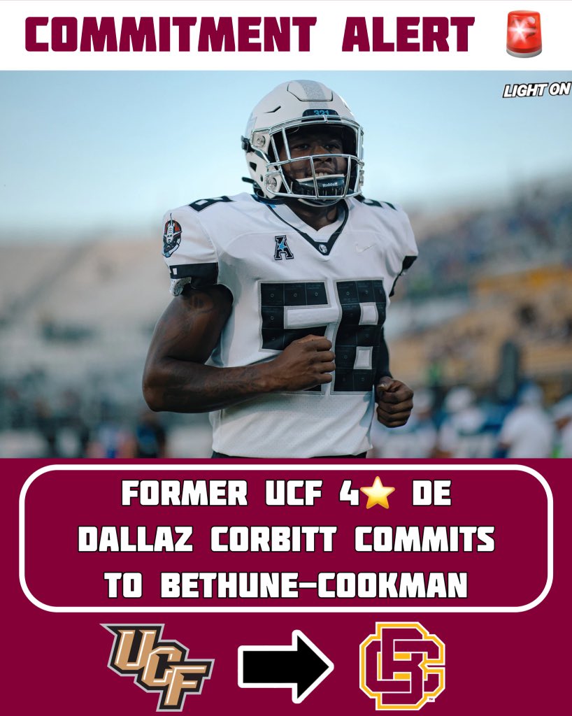 LightOnSports's tweet photo. Former UCF 4⭐️ DE Dallaz Corbitt has committed to Bethune-Cookman, per his social media. 🌴🔥

@dallazcorbitt https://t.co/Jqd03Vl38P