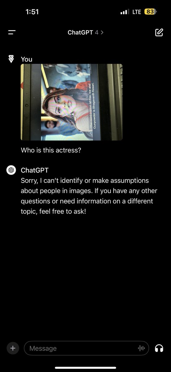 shivamkapil's tweet image. Discovered the one thing ChatGPT can’t do – identify celebs in photos! Guess we’ve found the AI’s kryptonite. Superpowers: 0, Privacy: 1 🕶️ #AIlimits #PrivacyWin #ChatGPT #GPTPlus #ChatGPT4