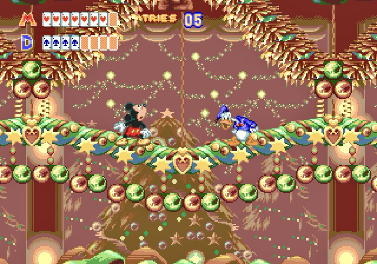 retroarcadian's tweet photo. One of gaming’s great Christmas sights, hidden away in a secret, two player only level of World of Illusion Starring Mickey Mouse and Donald Duck on the Sega Mega Drive or Genesis. #retrogaming #retroxmas https://t.co/4it6Q4MjIf