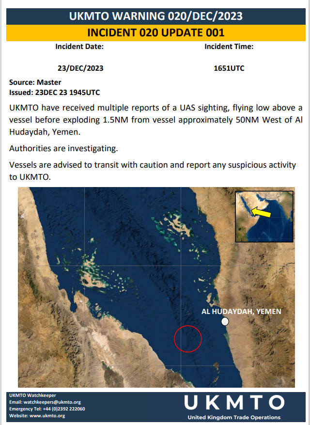 UKMTO NOTICE 020/DEC/2023 UPDATE 001