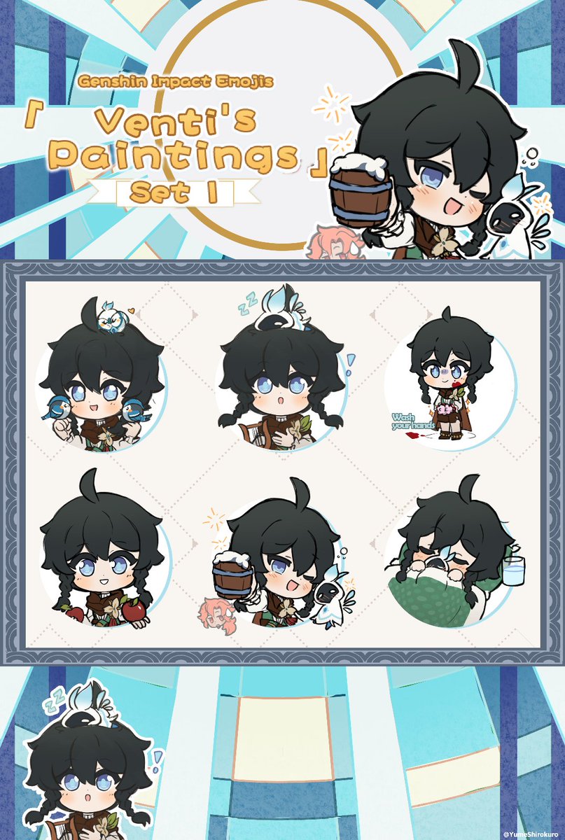 Timely_Bard's tweet photo. #GenshinImpact ｜Venti's Paintings I Emojis!

What if Venti made chibi emojis? 
Of course, Nameless Bard emotes!

Thanks to everyone's ideas/requests! 💕
#NamelessBard https://t.co/4ZajCkfvQL