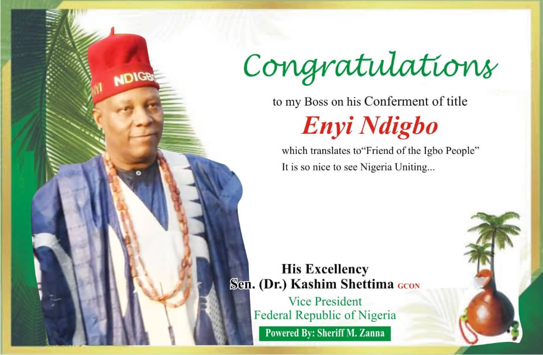 Congratulations to my Boss Sen. Dr. Kashim Shettima GCON, Vice President of Federal Republic Of Nigeria on his conferment of title Enyi Ndigbo, which translates to "Friend of the Igbo People." It is so nice to see Nigeria uniting…

Sheriff M. Zanna